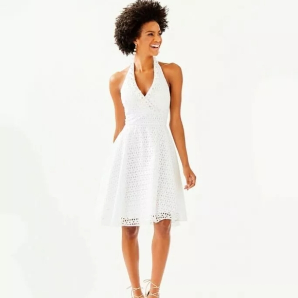 Lilly Pulitzer Willa white eyelet lace cotton halter dress, size 2. - Picture 2 of 9